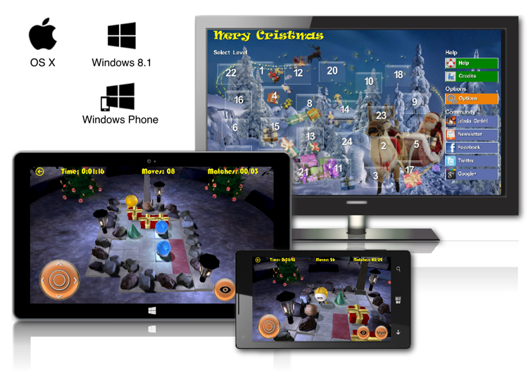 jalada Christmas works perfectly on Windows 8.1, Windows Phone and OS X 10.7 or later.